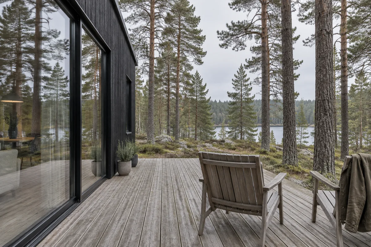 The terrace with loungers among the trees