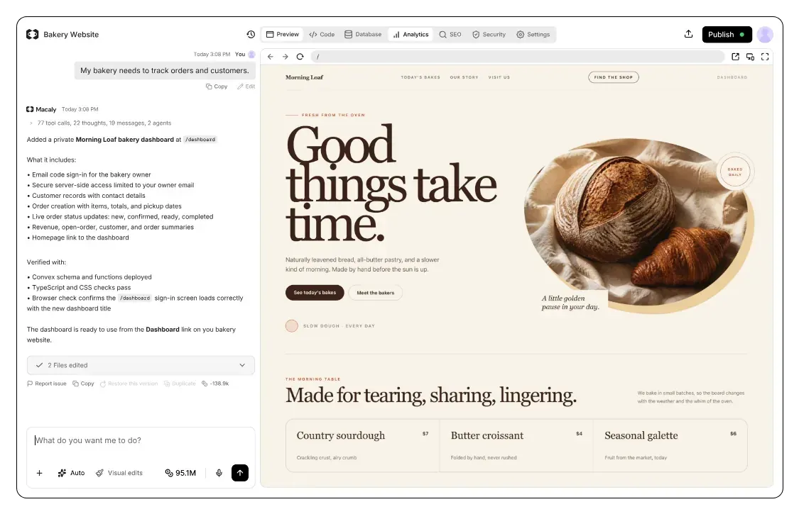 Publishing a bakery site in Macaly, then its Analytics tab filling in with page views, most viewed pages, referrers and devices