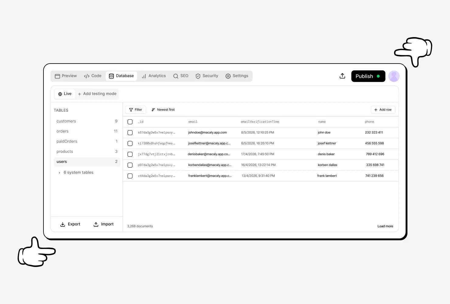 The users table in the Database tab, listing the people who signed up