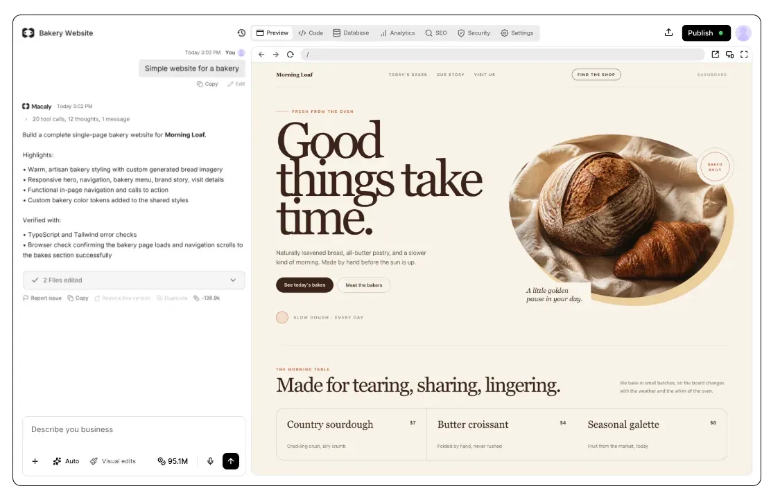 Macaly adding Google sign-in to a bakery website from a single prompt
