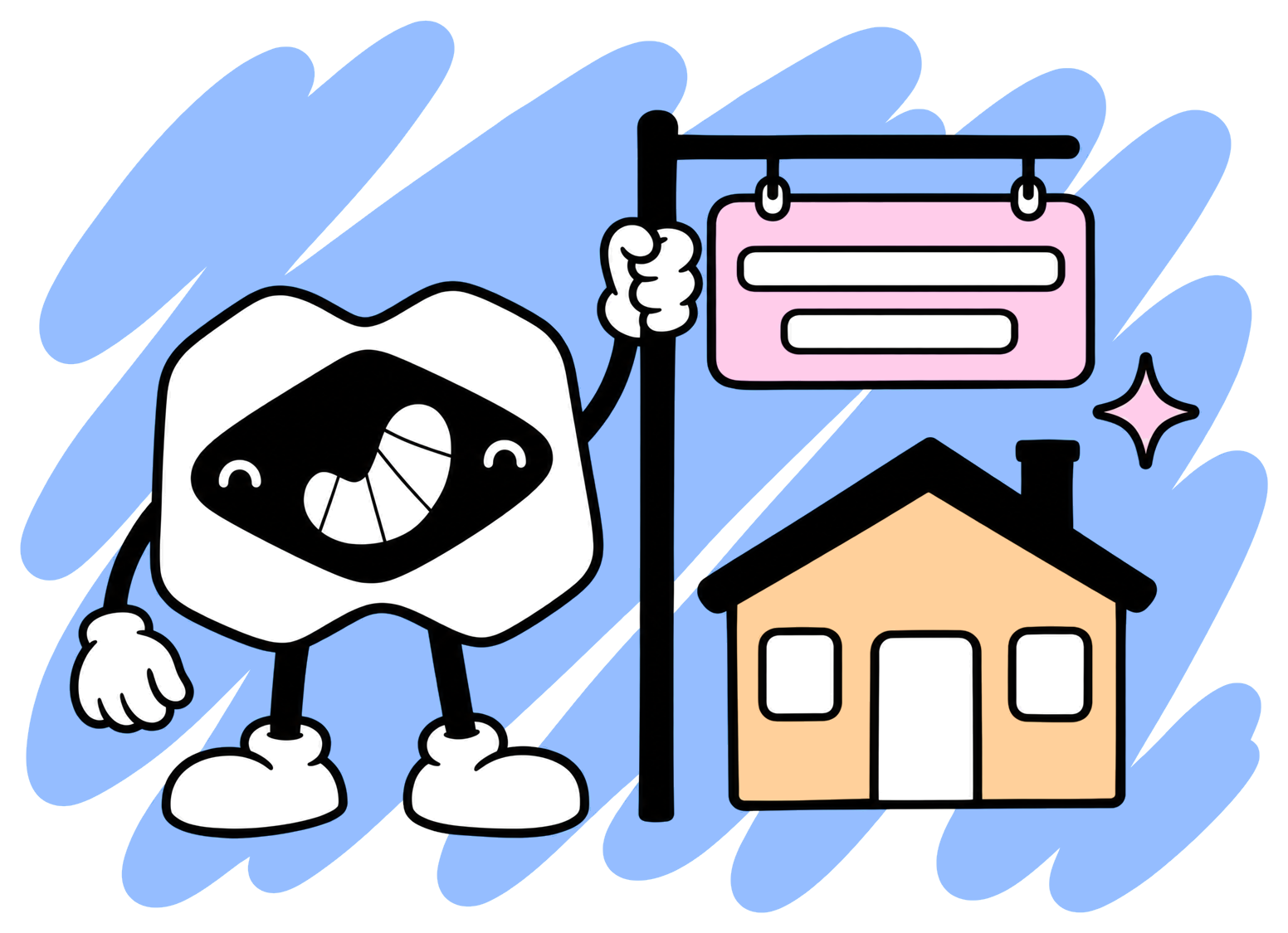 The Macaly mascot holding up a for sale sign beside a small house